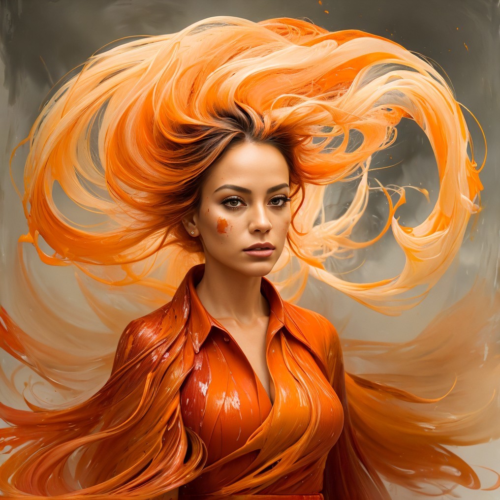 Portrait of a woman with vibrant orange hair and shirt