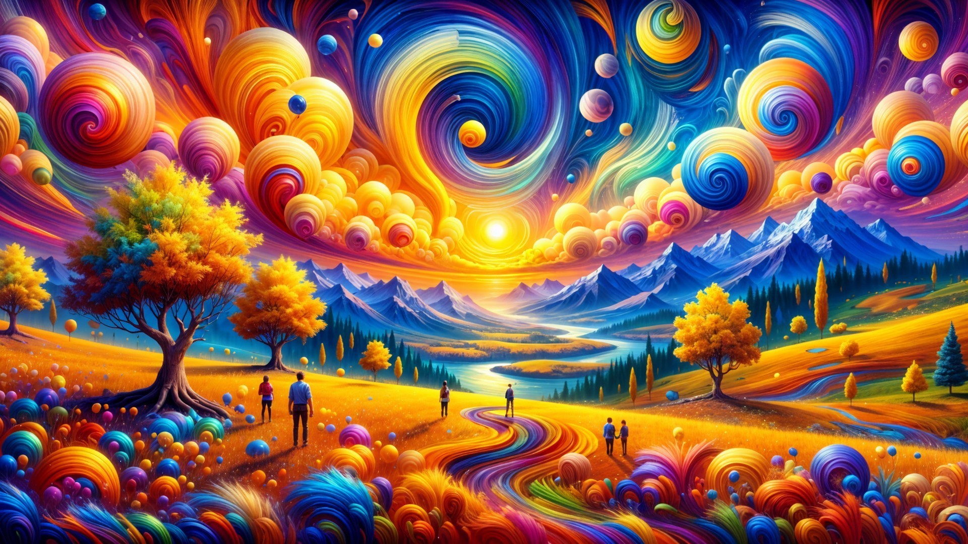 Vibrant Landscape with Cosmic Patterns and Colors