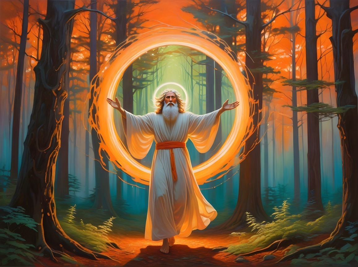 Old Man in Forest with Halo and Glowing Orange Ring