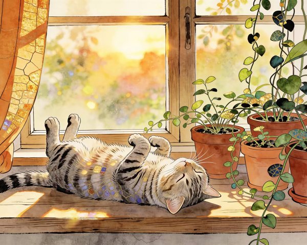 Whimsical Watercolor of Tabby Cat on Windowsill