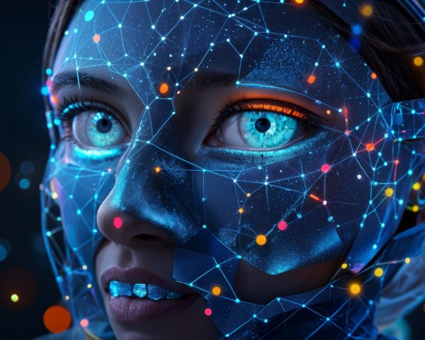 Futuristic Digital Face with Glowing Patterns and Colors