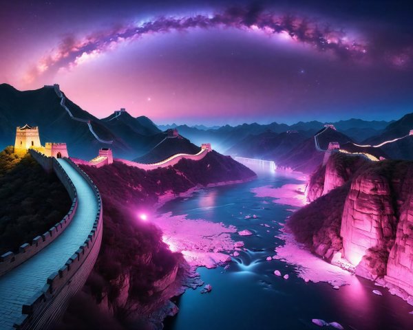 Illuminated Great Wall of China Under Starry Sky