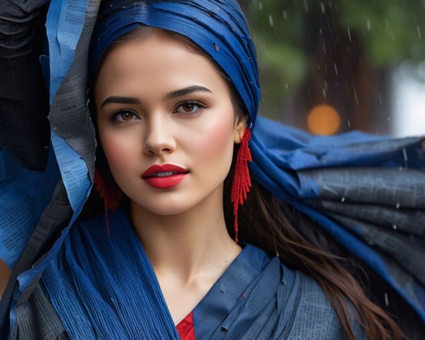Close-up headshot of a woman in the rain with scarf