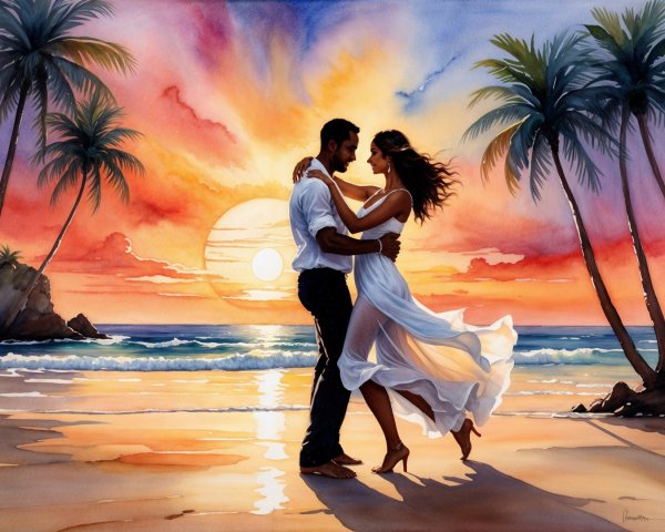 Romantic Beach Sunset with Dancing Couple Silhouette