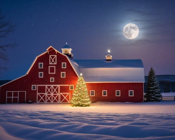 Red Christmas Barn with Tree Under Winter Night Sky