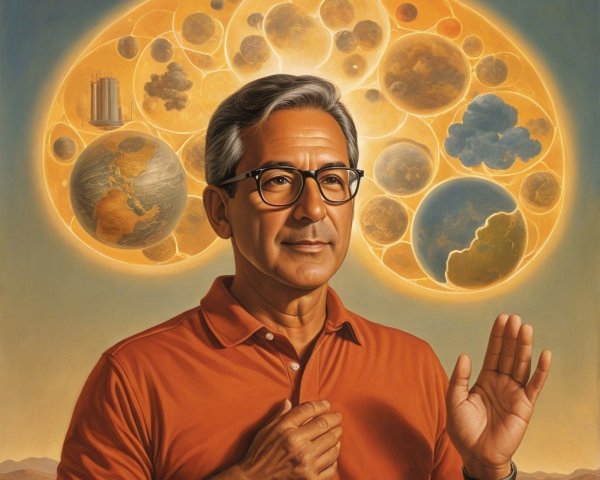 Middle-aged man in orange shirt with cosmic thought bubble