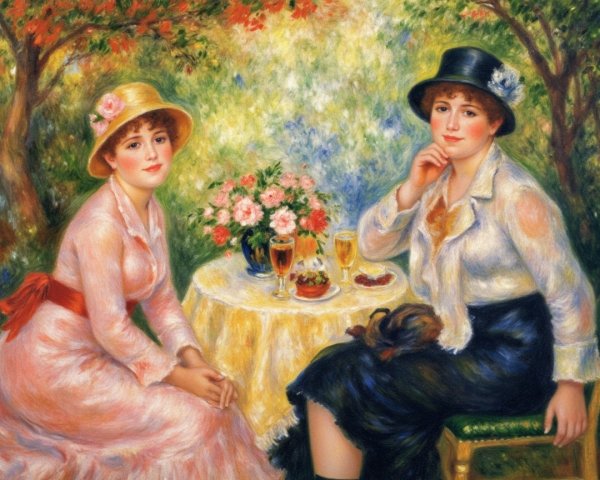 Women in a Garden Setting Enjoying Drinks and Dessert
