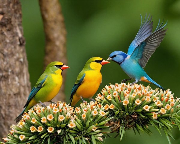 Colorful Birds on a Flowering Branch with Greenery