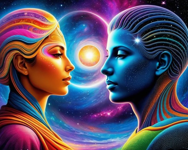 Digital Artwork of Two Figures Against a Nebula