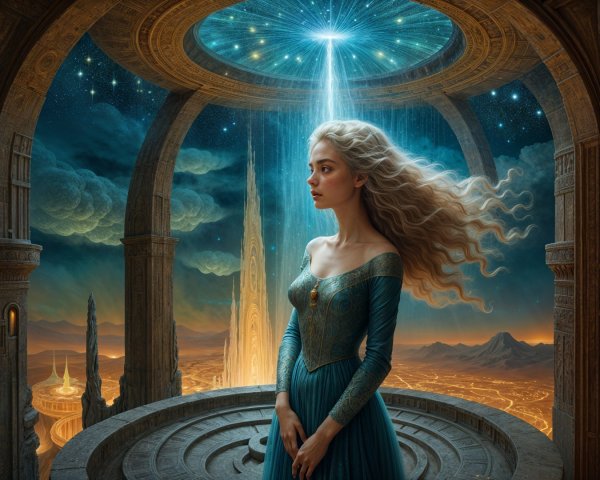 Young woman in blue gown in grand architectural space