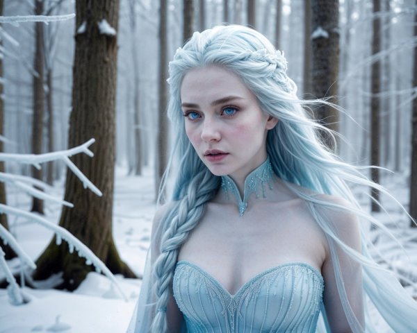 Young woman in snowy forest with blue hair and gown