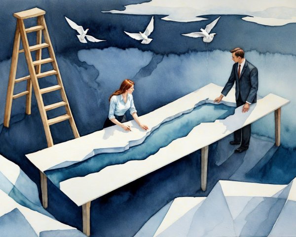 Surreal Artwork of a River-Like Table and Doves
