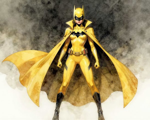 Female superhero in mustard yellow suit and cape