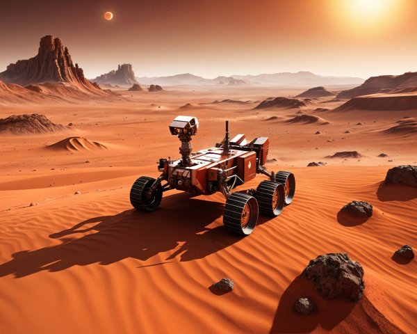 Futuristic Rover Exploring Mars' Rocky Landscape