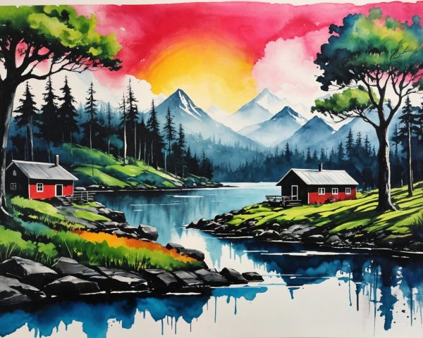 Serene Lake Landscape with Cozy Cabins and Mountains