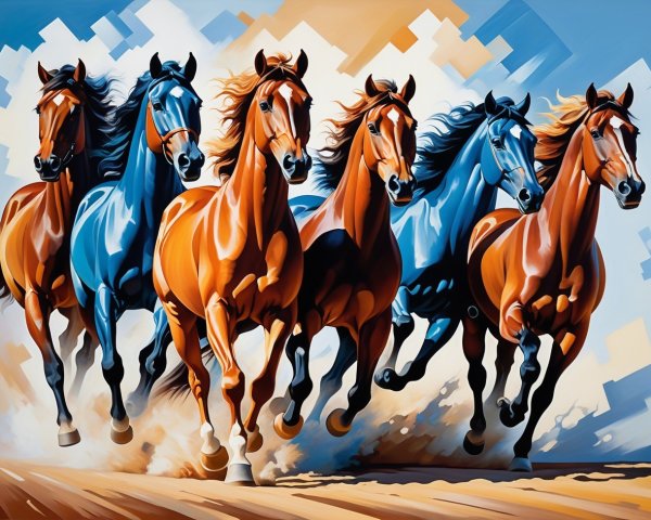 Oil Painting of Six Stylized Horses in Motion