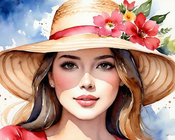 Watercolor Painting of a Smiling Young Woman in Hat