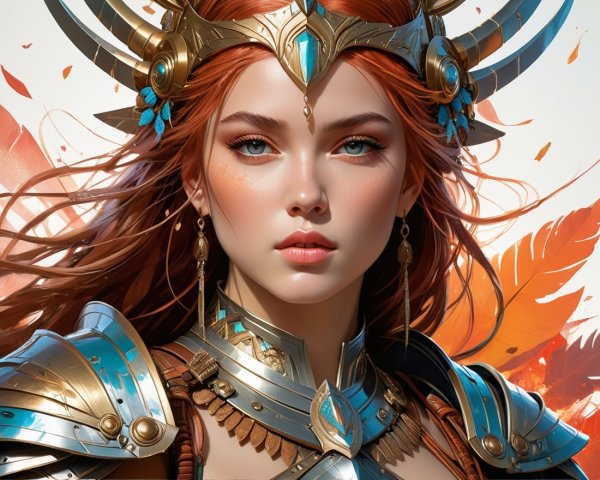 Fierce Warrior Woman in Elaborate Armor and Autumn Leaves