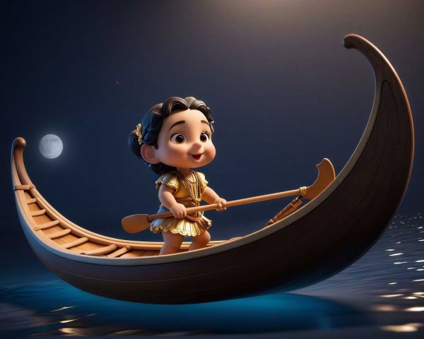 Chubby-cheeked girl in boat under full moon illustration