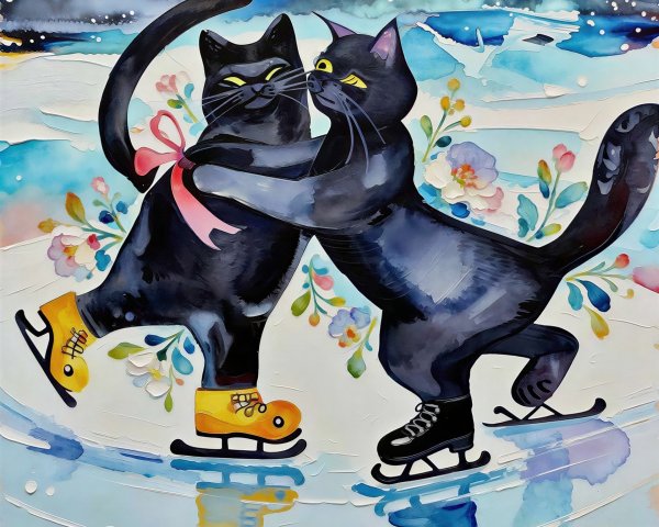 Black Cats Ice Skating on Pastel Frozen Surface