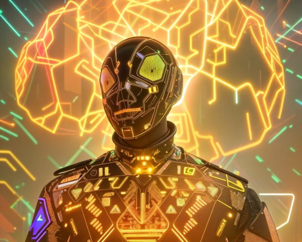 Futuristic Robot with Neon Brain Background