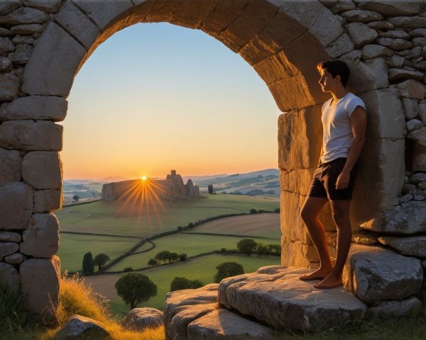 Young man in white t-shirt by ancient stone ruins