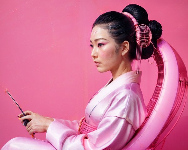 Young Woman in Traditional Kimono in Pink Setting