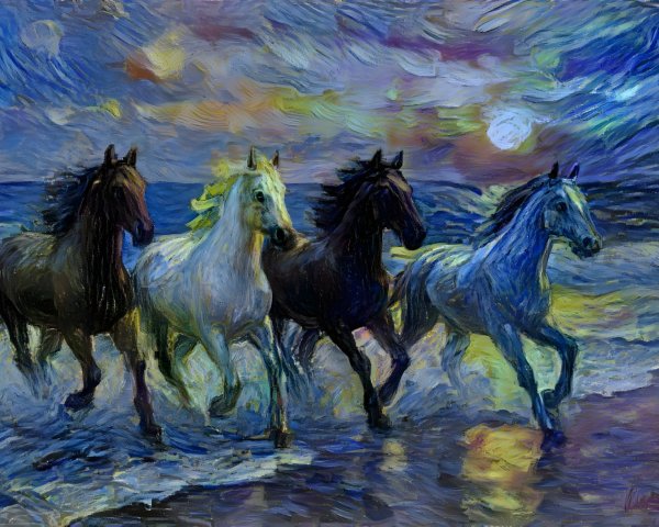 Horses Galloping on Shore at Vibrant Sunset