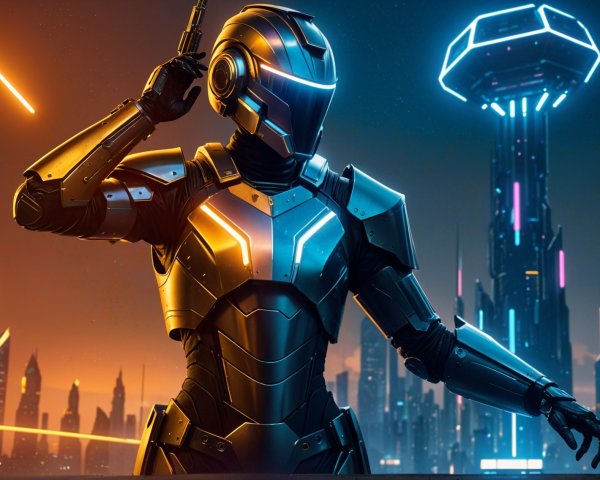 Futuristic Armored Figure Against Vibrant City Skyline