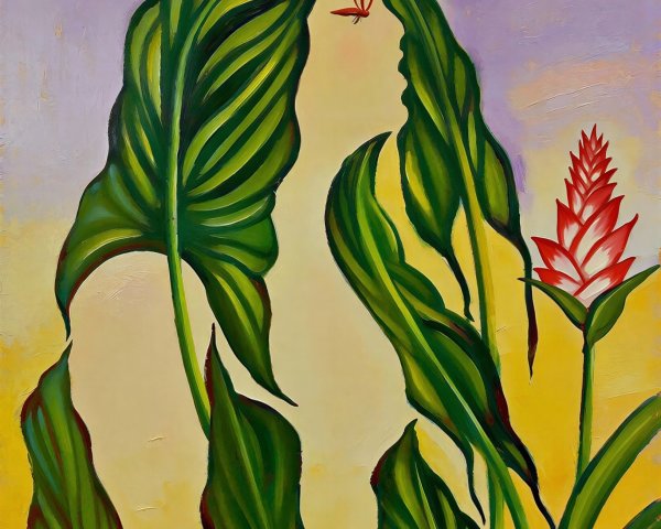 Surreal Painting of Woman with Tropical Leaves and Butterflies