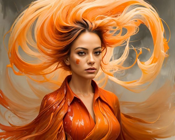 Portrait of a woman with vibrant orange hair and shirt