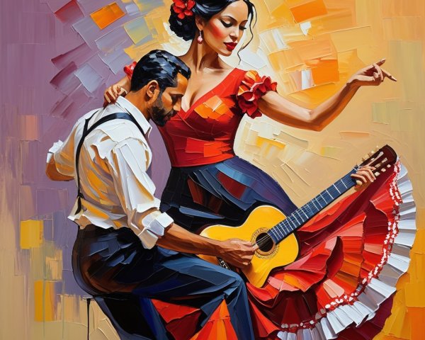 Flamenco Scene with Guitarist and Dancer in Oil Painting