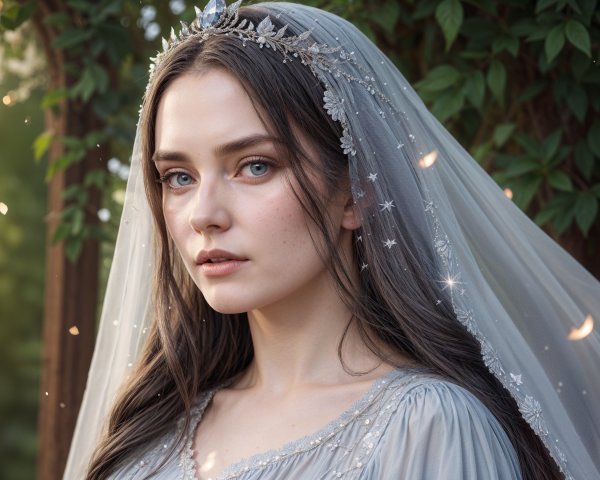 Serene portrait of a young woman in silver gown