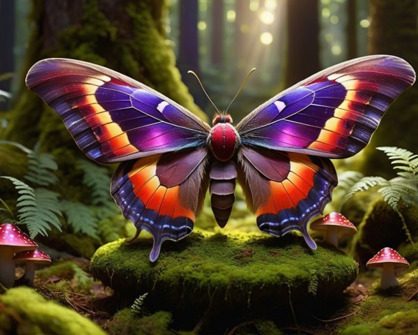 Colorful Butterfly on Mossy Log in Forest Scene