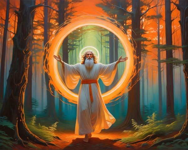 Old Man in Forest with Halo and Glowing Orange Ring