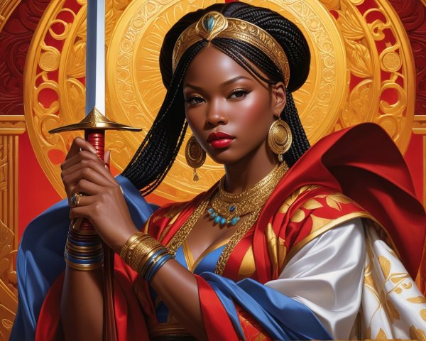 Close-up of an African queen in gold jewelry and red coat