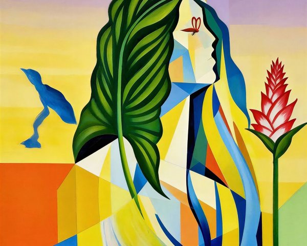 Art Nouveau Painting with Geometric Shapes and Butterflies