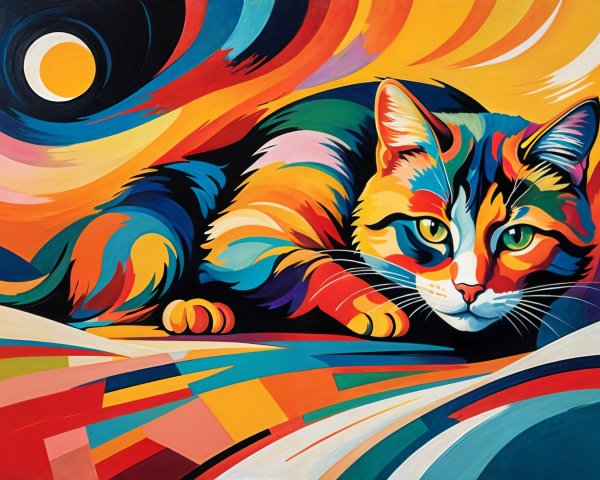 Abstract Cat Painting with Bold Colors and Patterns