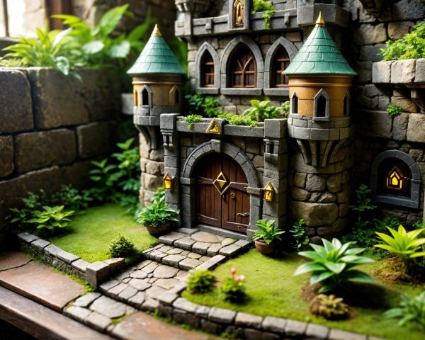 Detailed Miniature Castle Surrounded by Lush Greenery