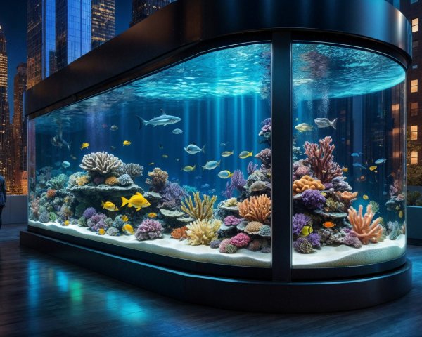 Large aquarium with coral reefs and marine life