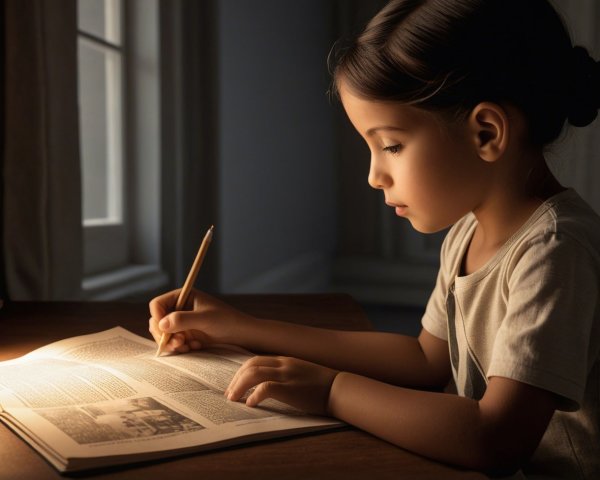 Young girl studying at a wooden desk with a book