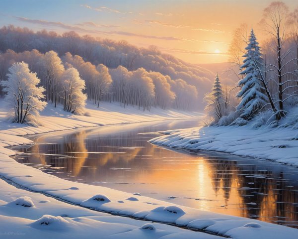 Serene Winter Landscape with River and Sunrise Glow