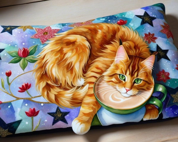Fluffy Orange Cat on Decorative Pillow with Coffee Mug