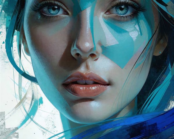 Vibrant Digital Painting of a Woman's Face with Blue Makeup