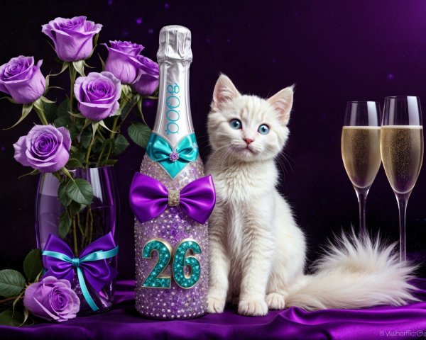 Fluffy white kitten beside champagne and purple roses