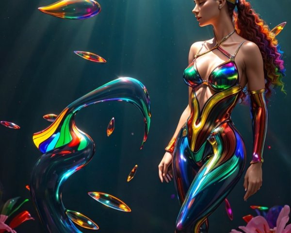 Fantastical figure in iridescent bodysuit among flowers