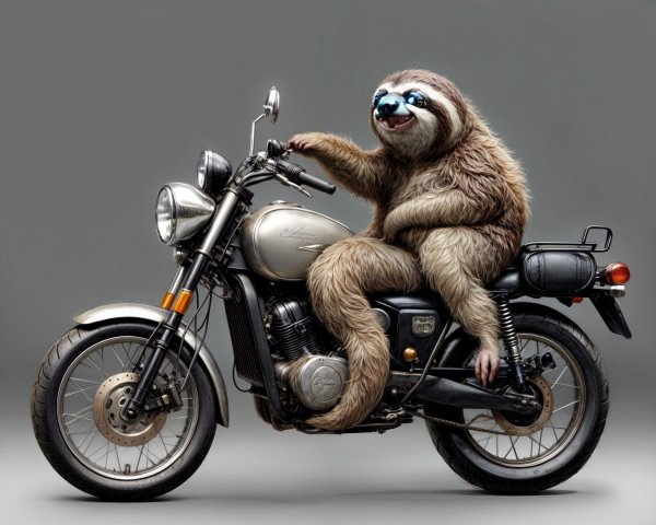 Whimsical Sloth on Motorcycle with Playful Sunglasses
