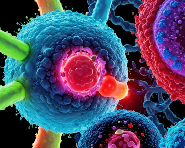 Microscopic View of Colorful Cell Structures and Nuclei