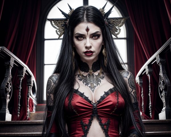 Confident figure in lavish room with red gown and crown