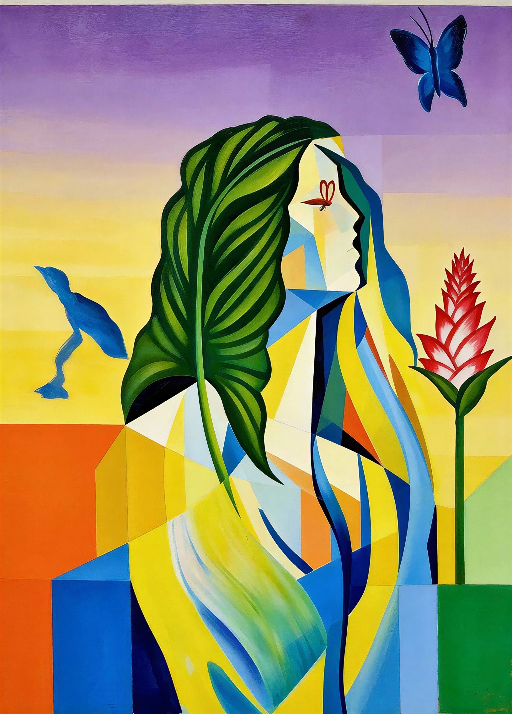 Art Nouveau Painting with Geometric Shapes and Butterflies